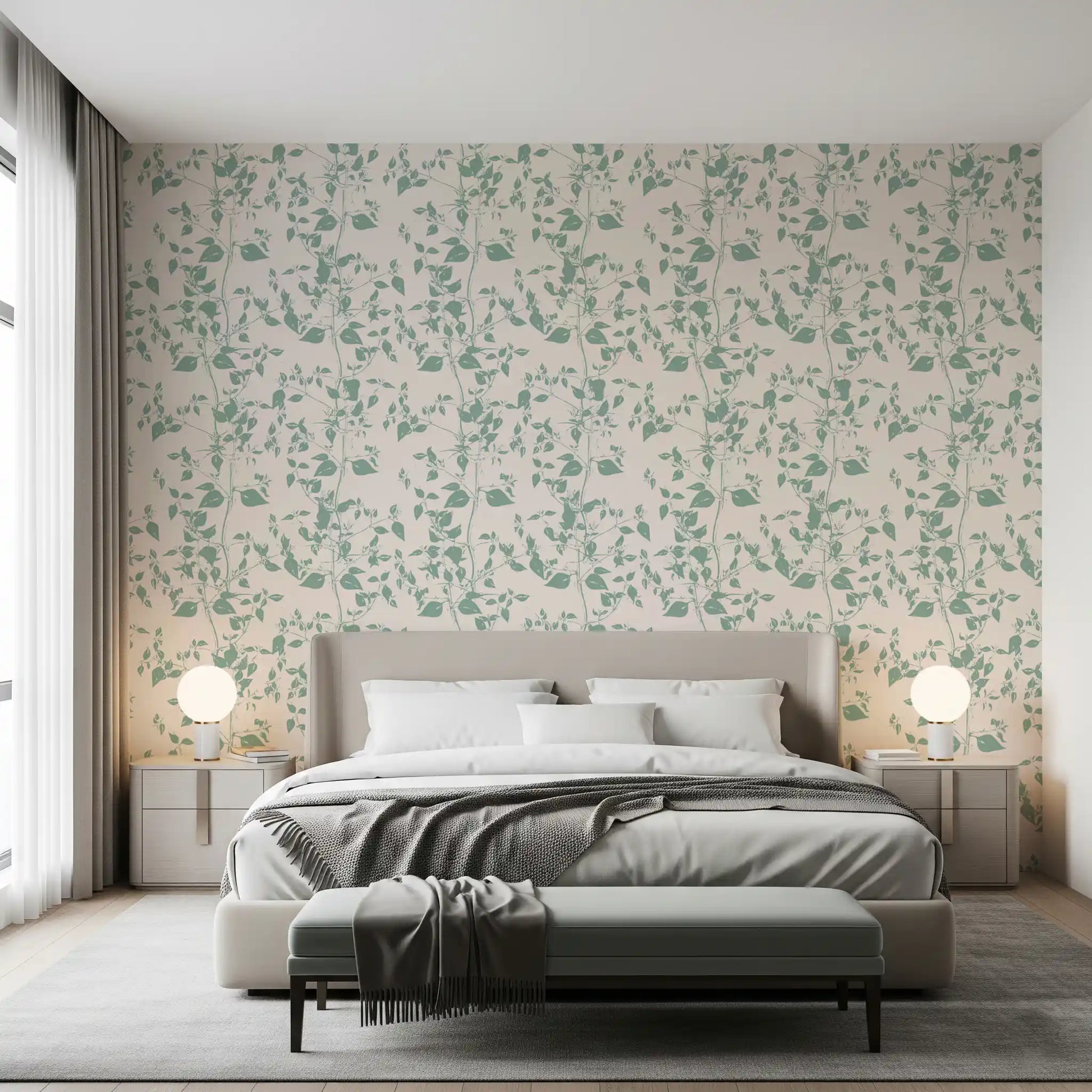 Cream and Sage Leaf Sketch Wallpaper⁠