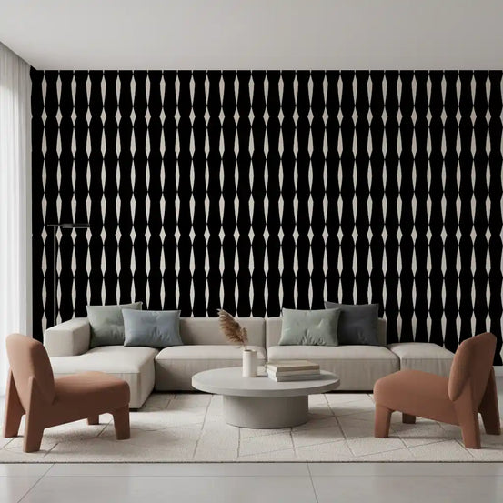 Monochromatic geometric column wallpaper in black on a cream ground for living room GD11621
