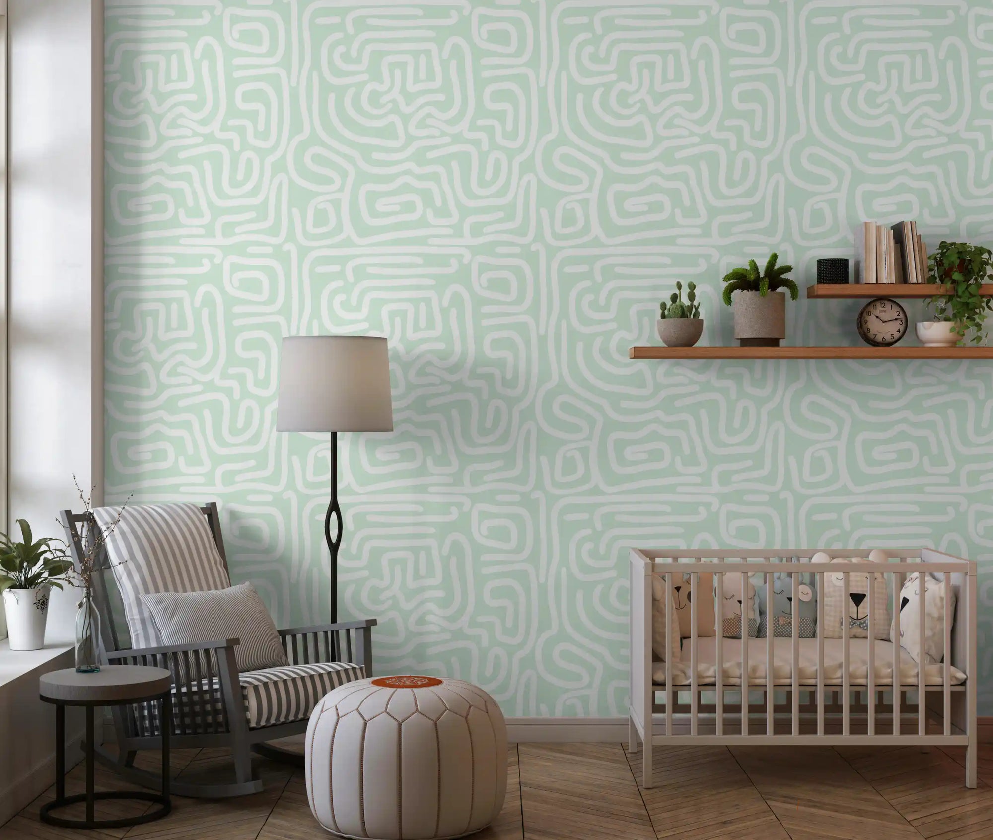 Abstract mint flow wallpaper with white maze lines on green for nursery GD11623