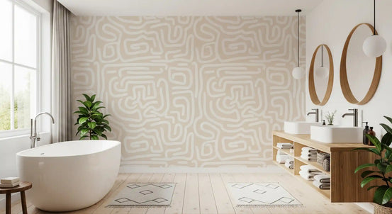 Abstract cream wallpaper with organic white line loops in bathroom GD11624