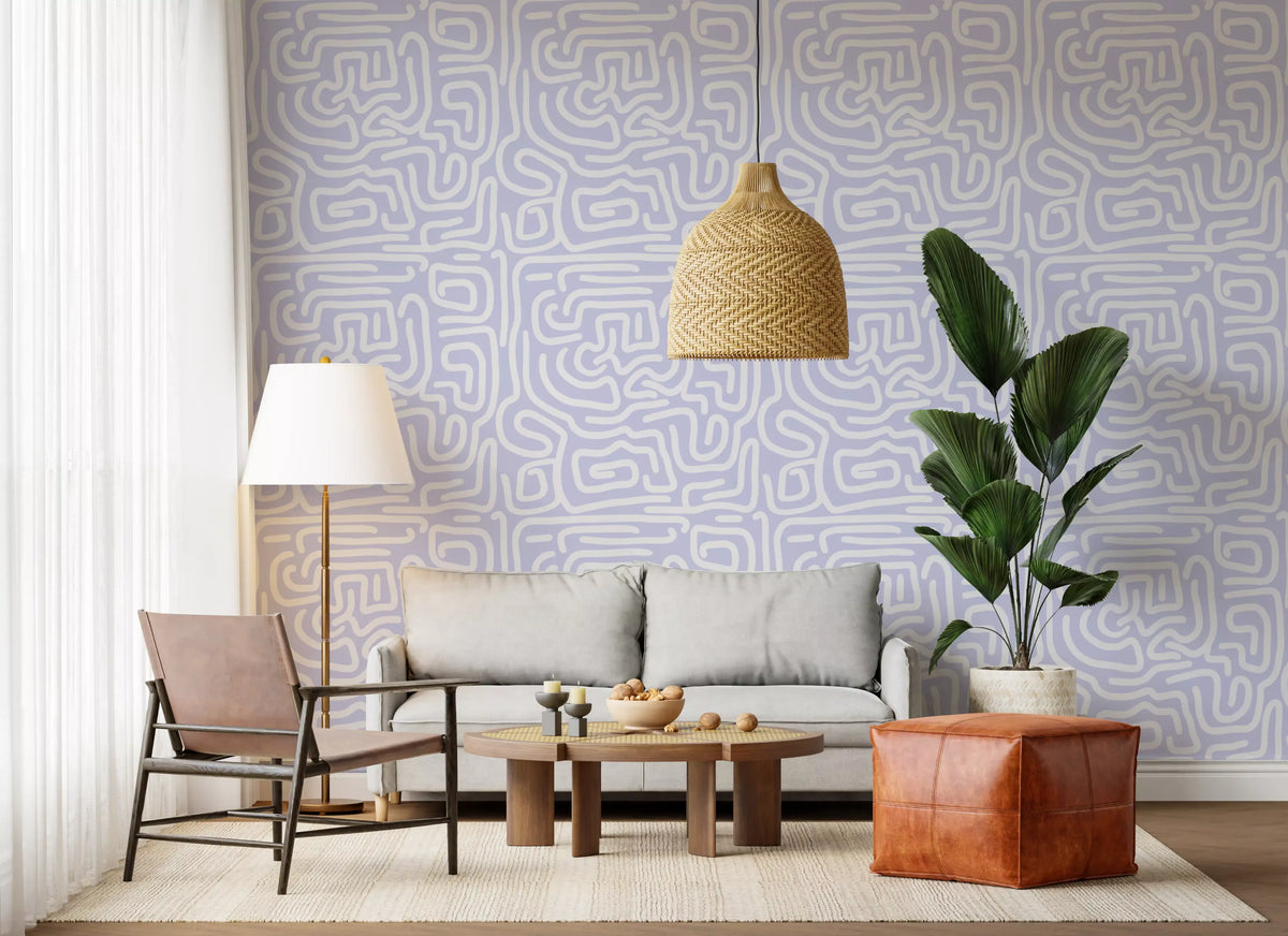 Minimalist violet maze pattern wallpaper with white lines in living area GD11625