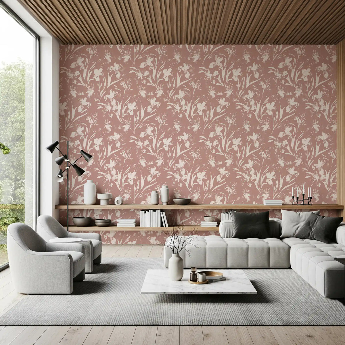 Abstract floral earthy wallpaper with cream lily and iris shapes in living room GD11626
