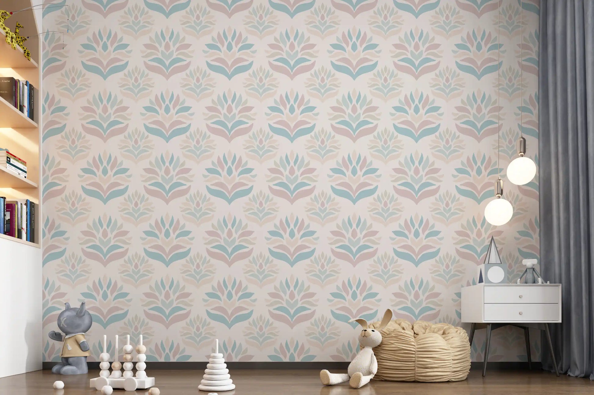 Minimalist Blush and Blue Botanical Wallpaper⁠