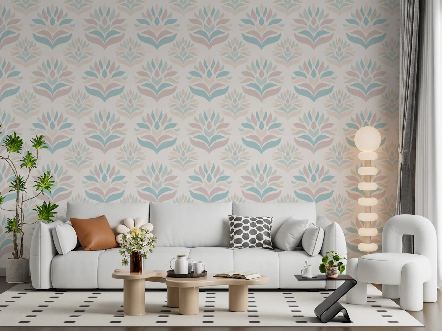 Minimalist Blush and Blue Botanical Wallpaper⁠
