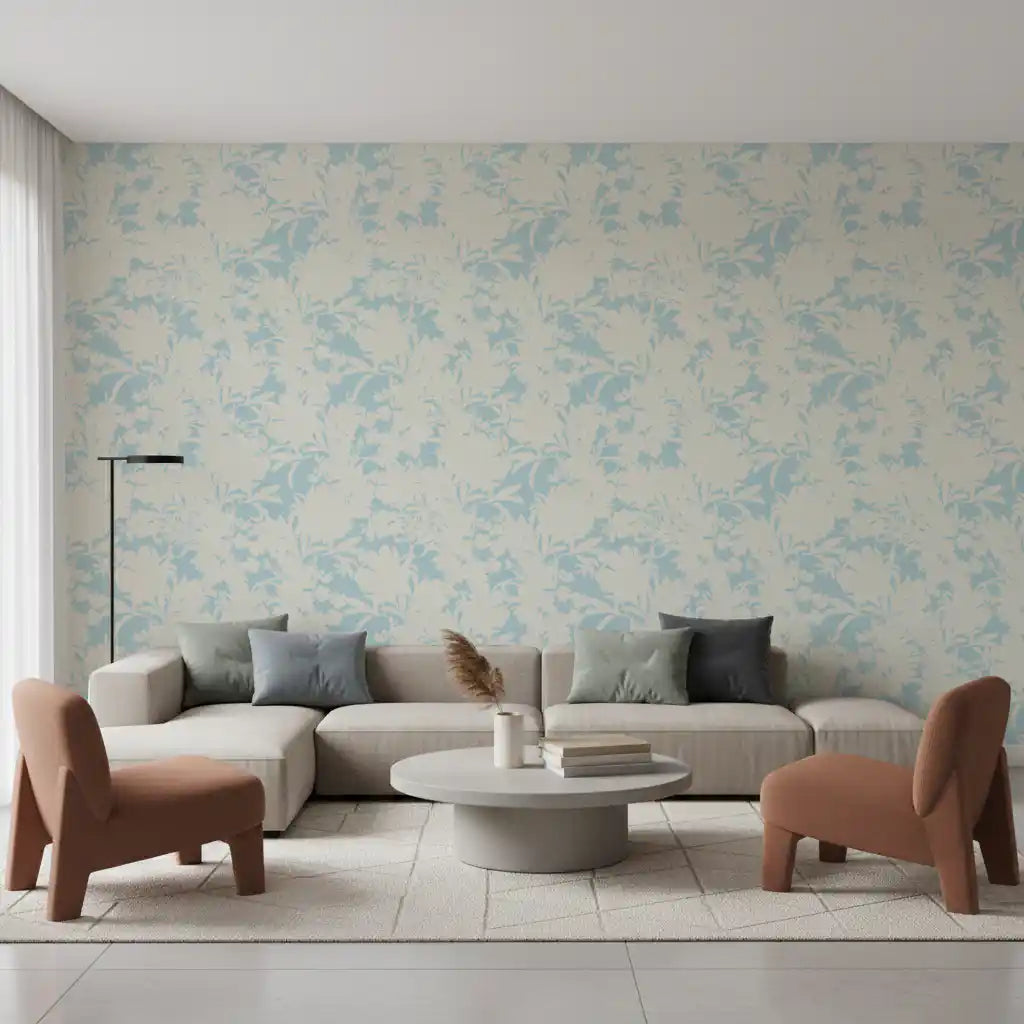 Airy Cream and Blue Garden Repeat Wallpaper⁠