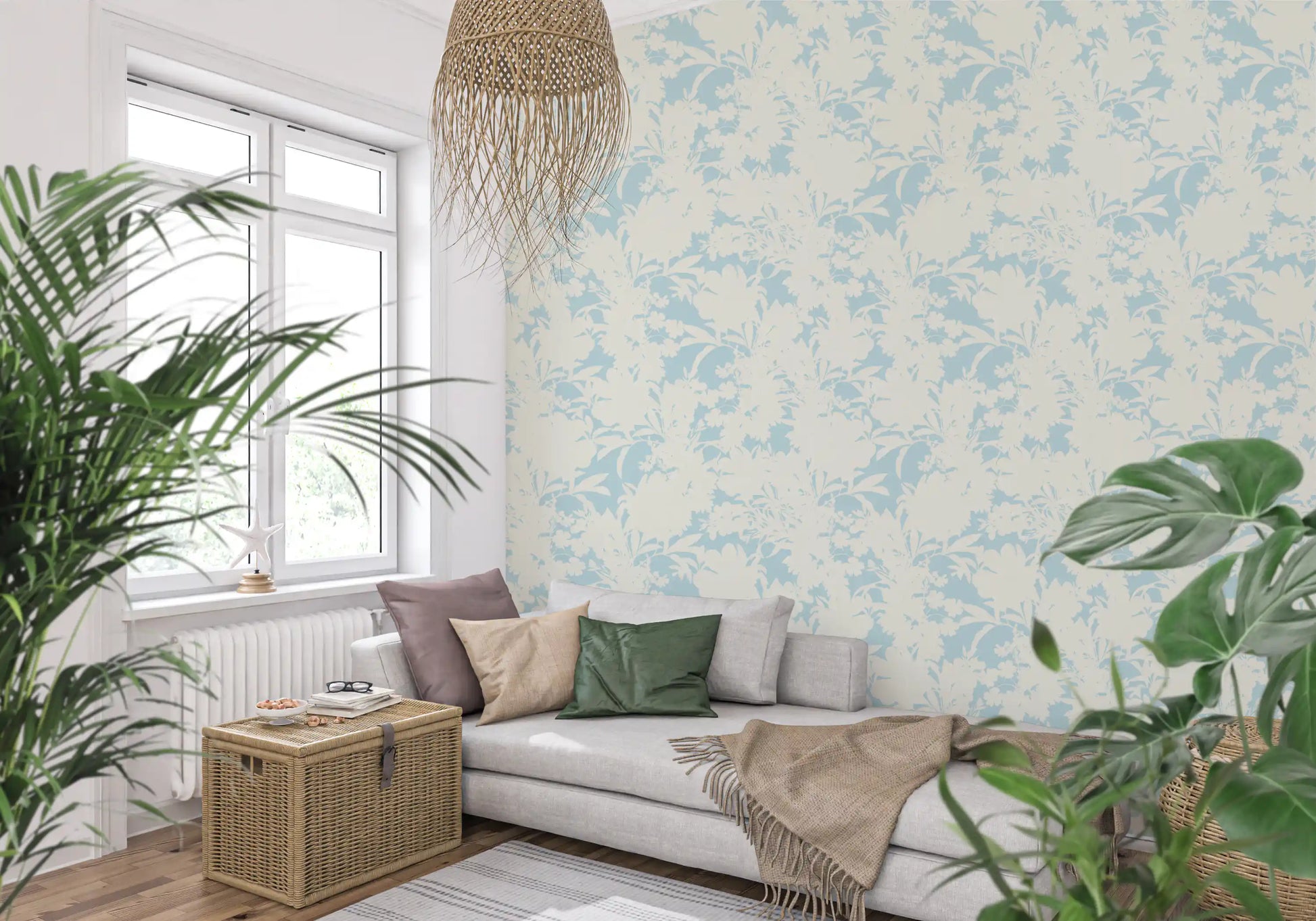 Airy Cream and Blue Garden Repeat Wallpaper⁠