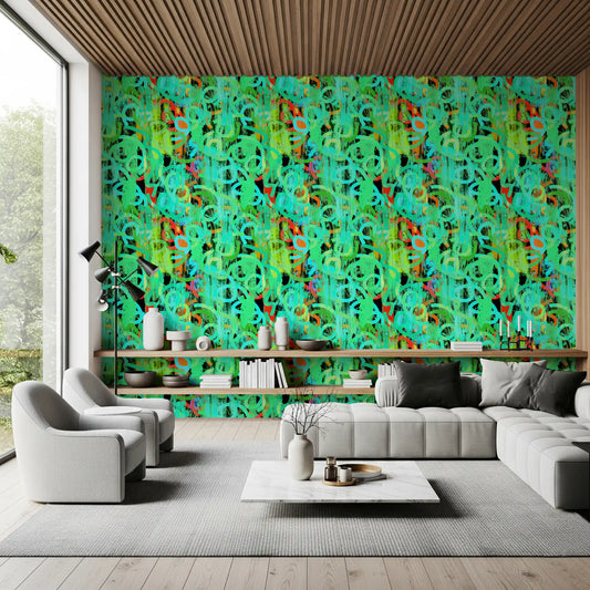 Neon scribble abstract wallpaper with bold green and teal loops in living room GD11631