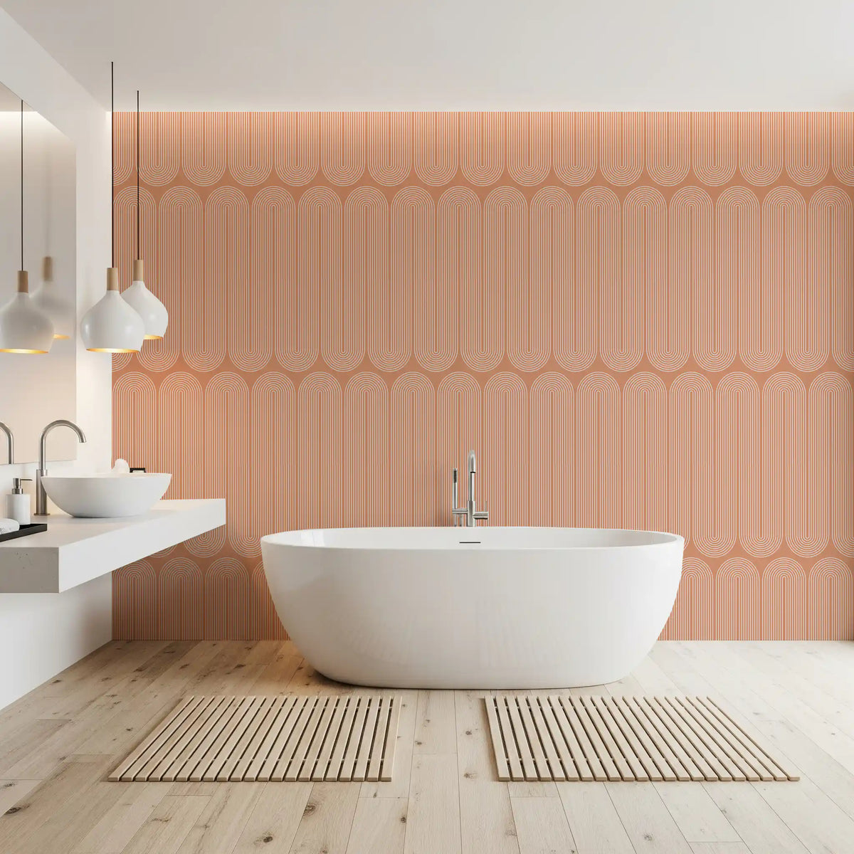 Minimalist terracotta arc pattern wallpaper with white curved lines in bathroom GD11633