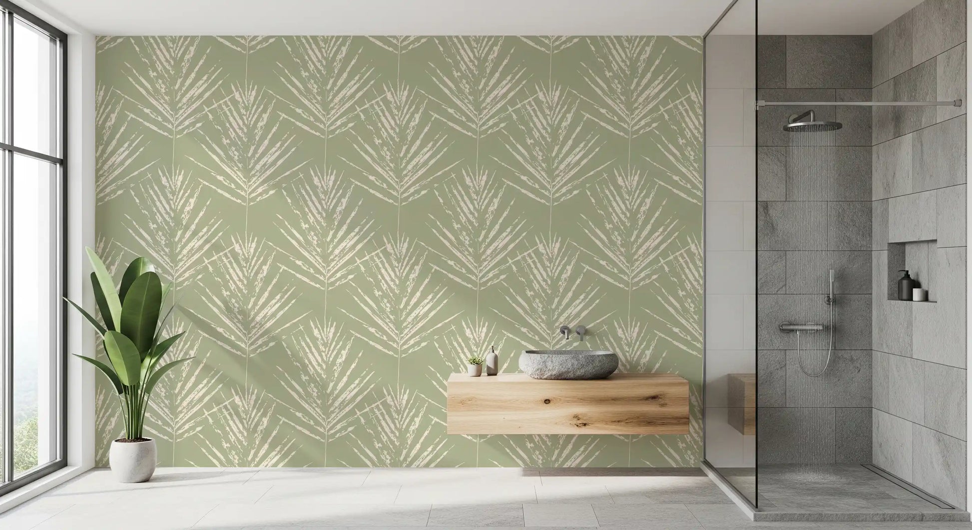 Muted Green Leaf Sketch Wallpaper⁠
