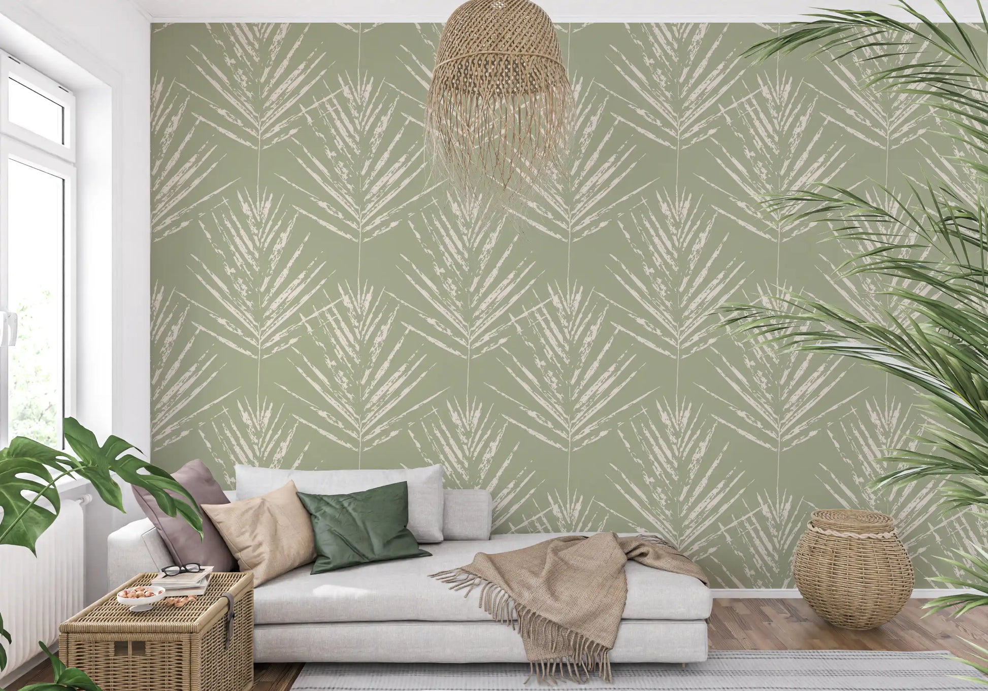 Muted Green Leaf Sketch Wallpaper⁠