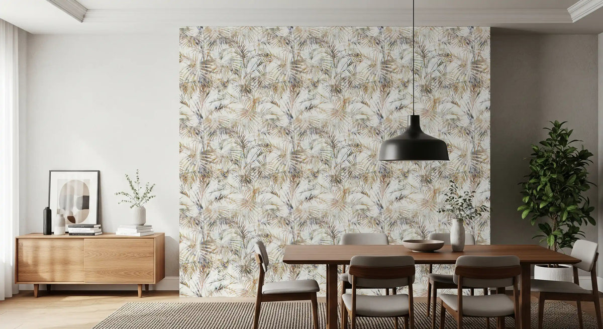 Faded palm frond wallpaper in warm tan brown and muted green tones for dining room GD11637