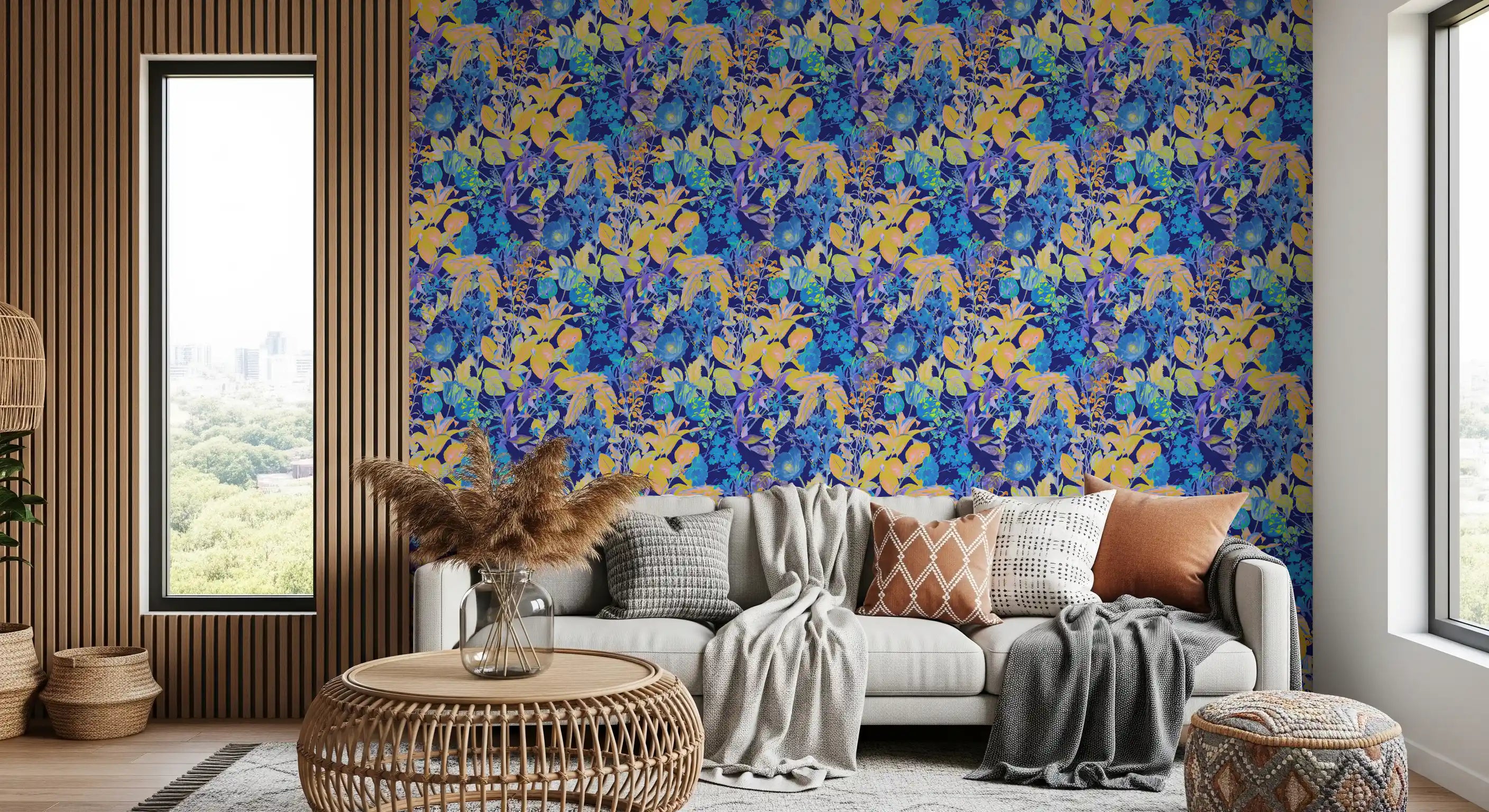 Neon garden wallpaper with bright yellow and blue flowers in living room GD11638