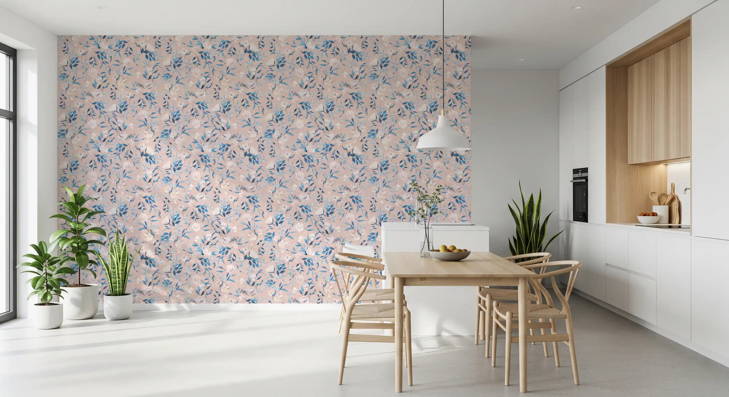 Blue floral bloom wallpaper with white roses and dusty blue leaves in dining room GD11639