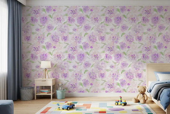 Lavender floral wallpaper with soft purple blooms and green leaves in kids bedroom GD11643