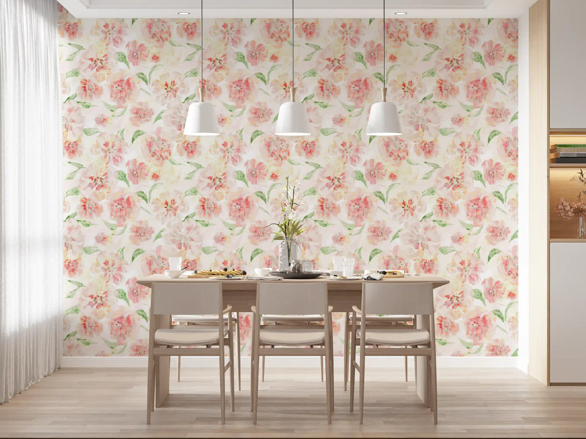Blush pink painterly floral wallpaper with coral and cream blooms in dining room GD11645