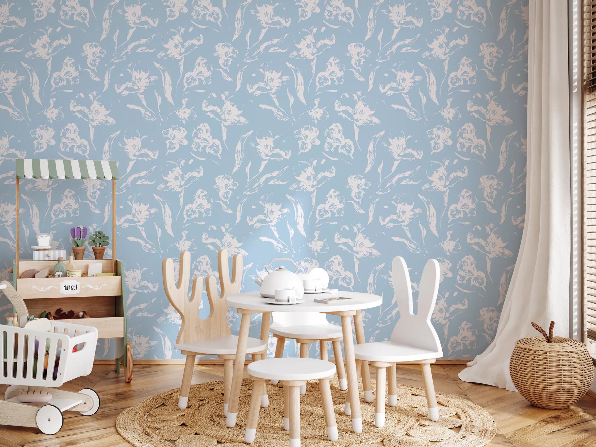 Hand-Drawn Botanical Azure Pattern Wallpaper⁠