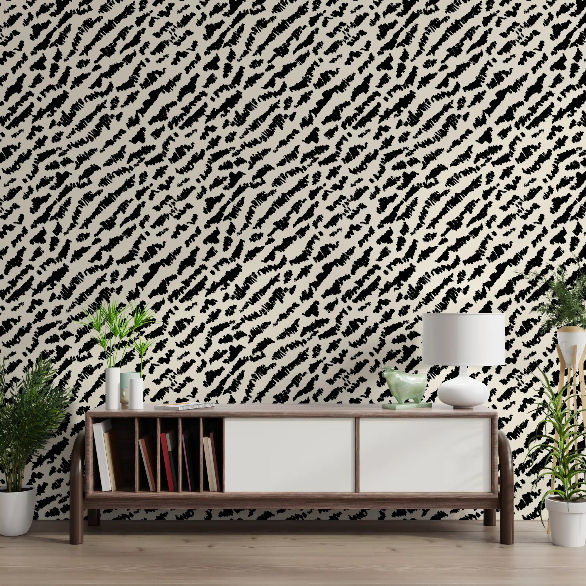 Black ink brushstroke abstract wallpaper on a warm cream ground GD11648