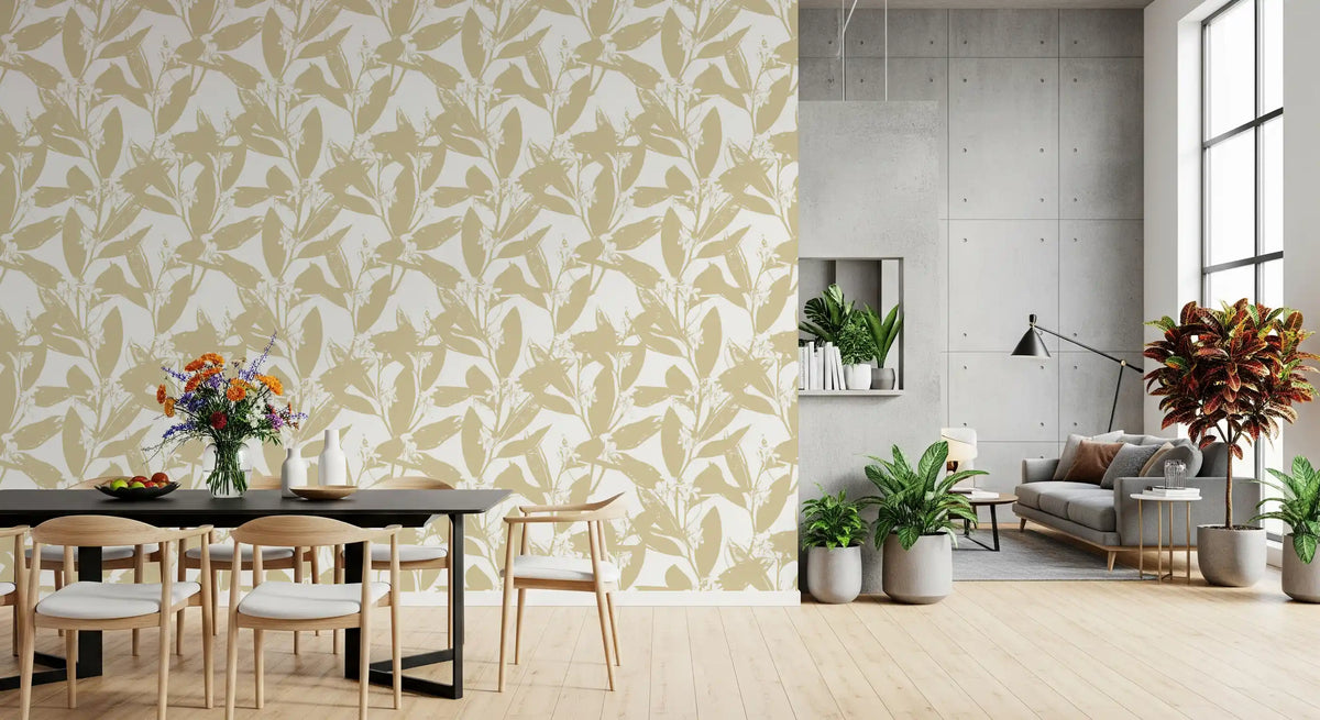 Beige floral silhouette wallpaper on a bright white ground in dining area GD11649