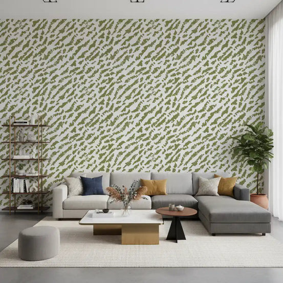 Sage green scribble abstract wallpaper on a soft white ground in living room GD11650