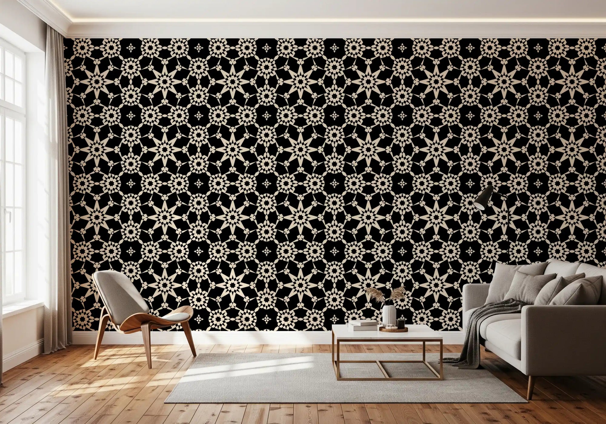 Geometric arabesque wallpaper with cream stars in living room GD11652