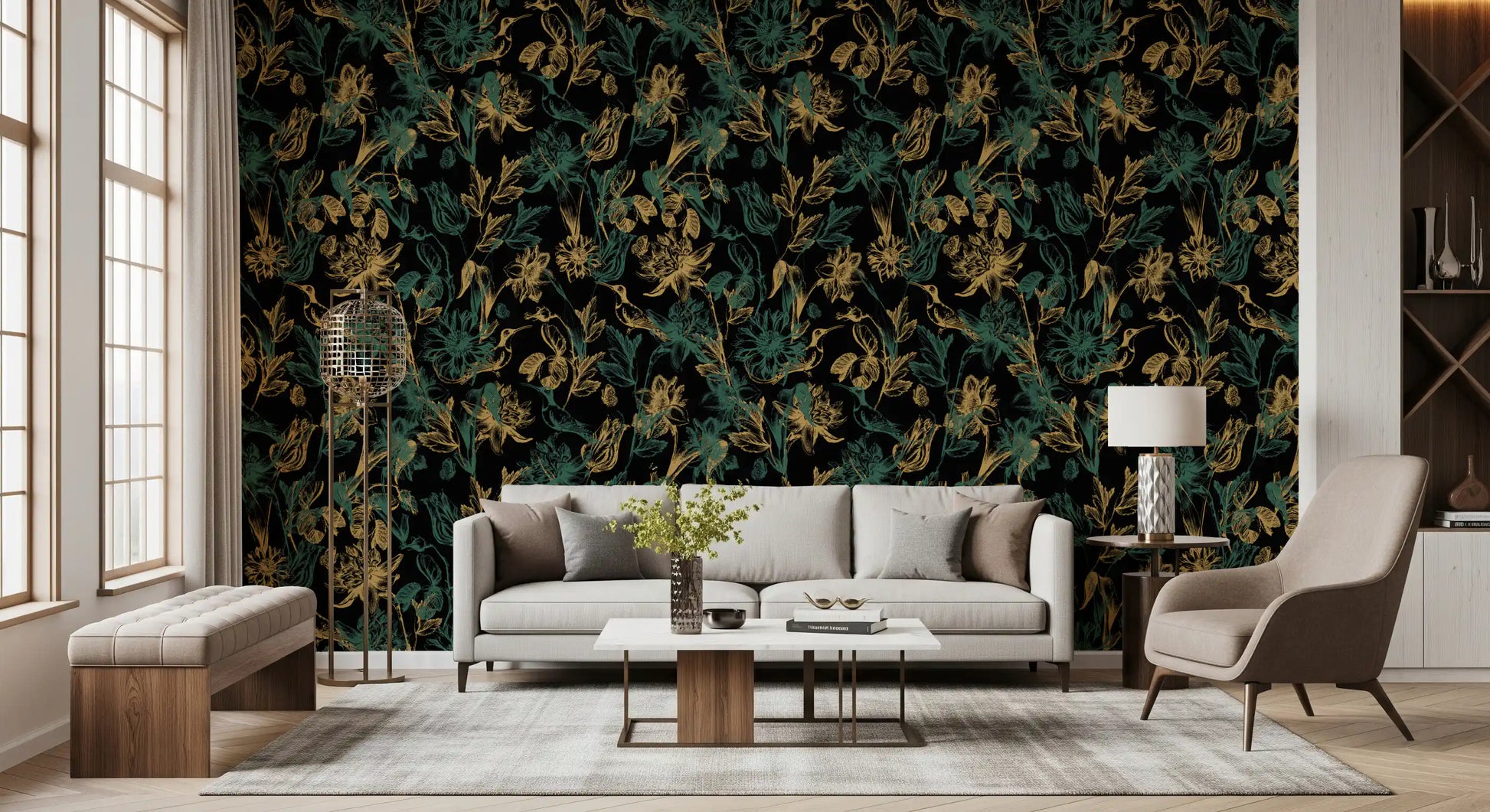 Golden Foliage and Hummingbird Art Wallpaper⁠