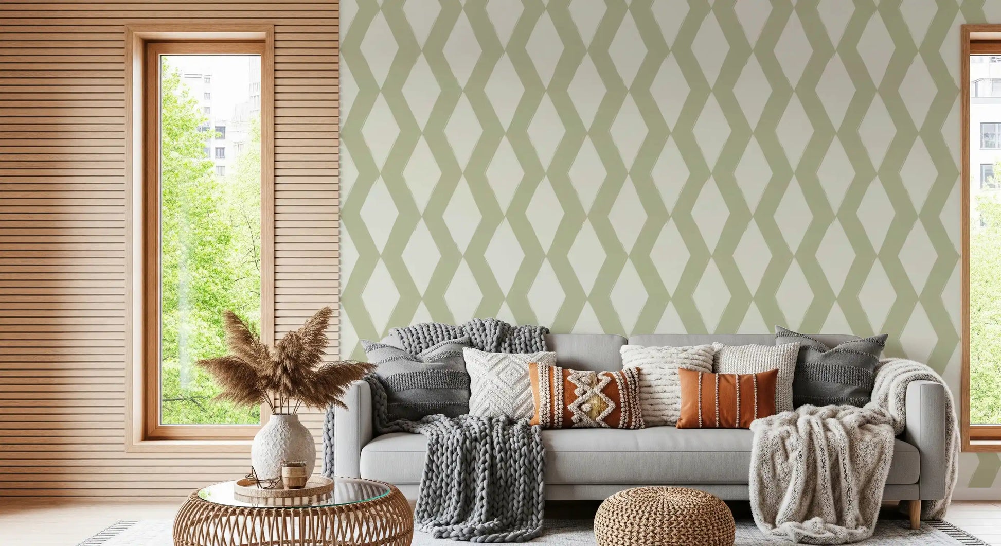 Sage Brushstroke Diamond Lattice Wallpaper⁠