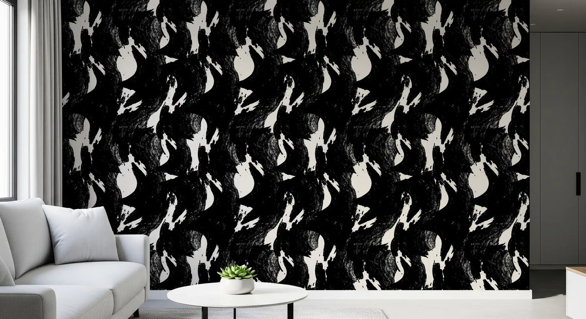 Abstract charcoal ink flow wallpaper in black and cream brushstrokes GD11659