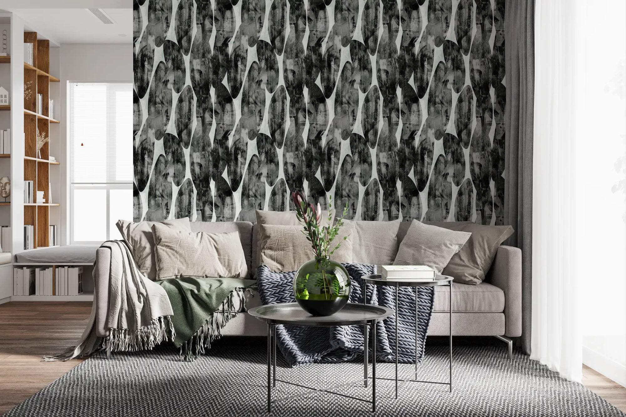 Abstract monochrome brushstroke layers wallpaper in grey and black GD11662