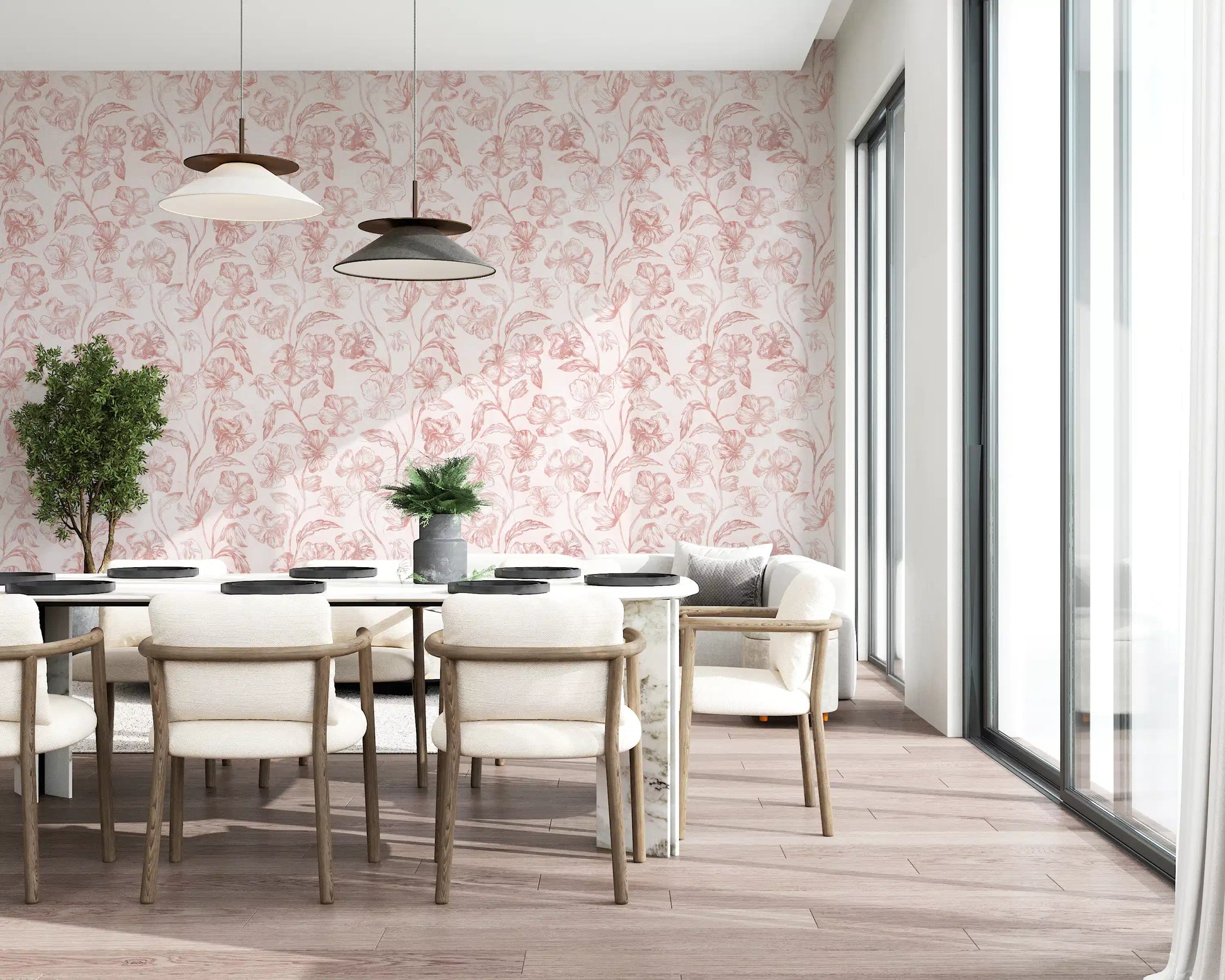 Blush Botanical Line Art Wallpaper⁠