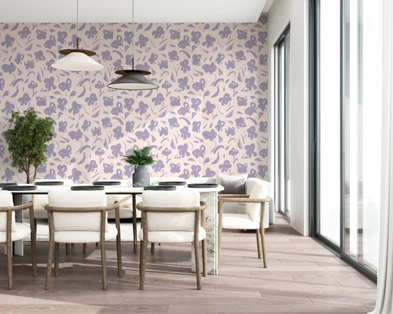 Lavender floral wallpaper with loose painted lilac blooms on soft cream GD11664