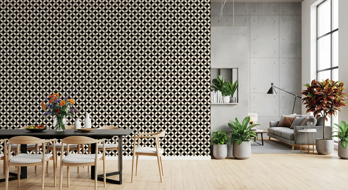 Geometric petal wallpaper with cream shapes on a deep black ground GD11665