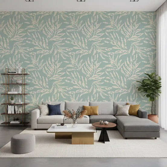 Sage and Cream Palm Frond Impression Wallpaper⁠