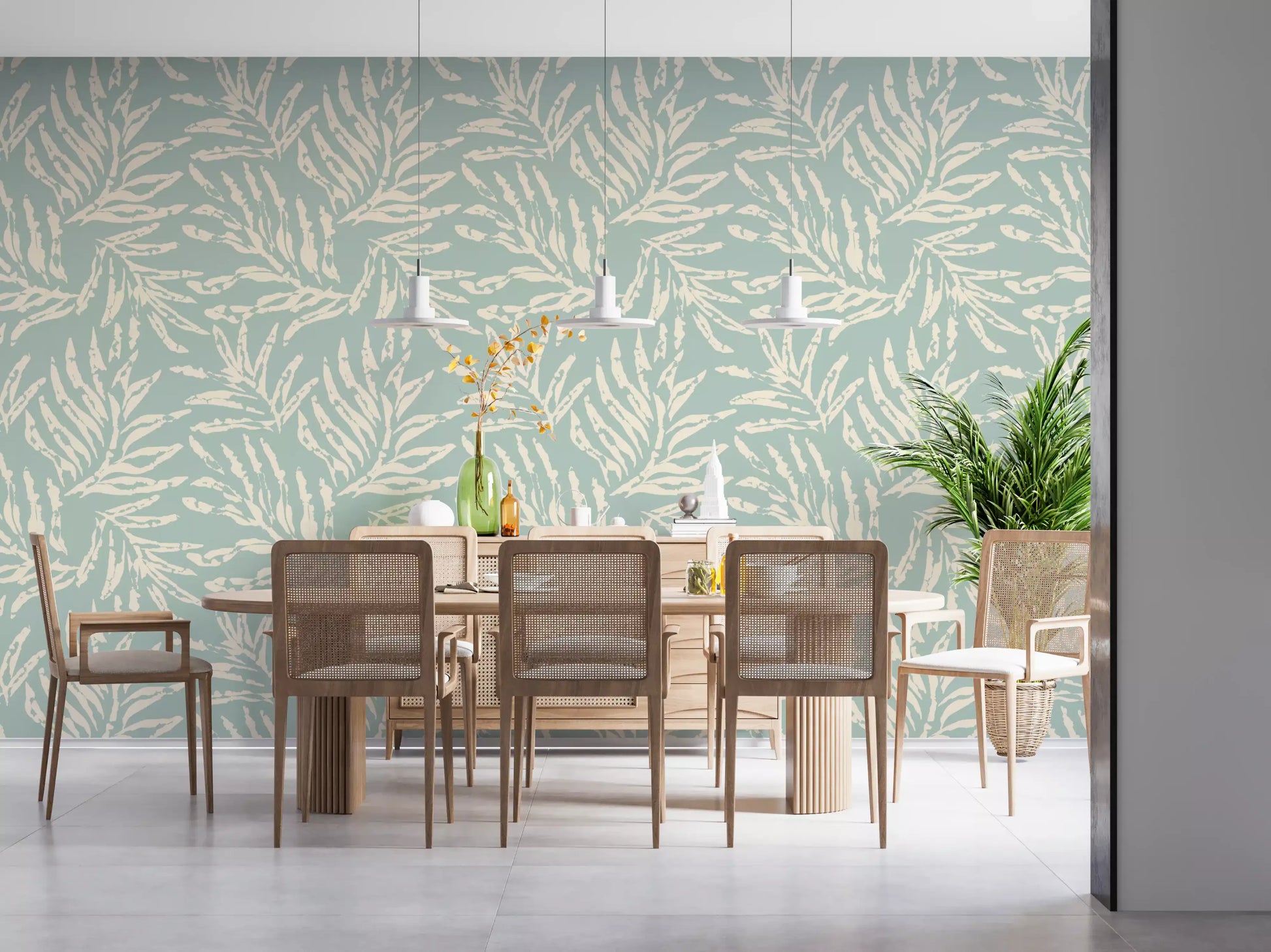 Sage and Cream Palm Frond Impression Wallpaper⁠