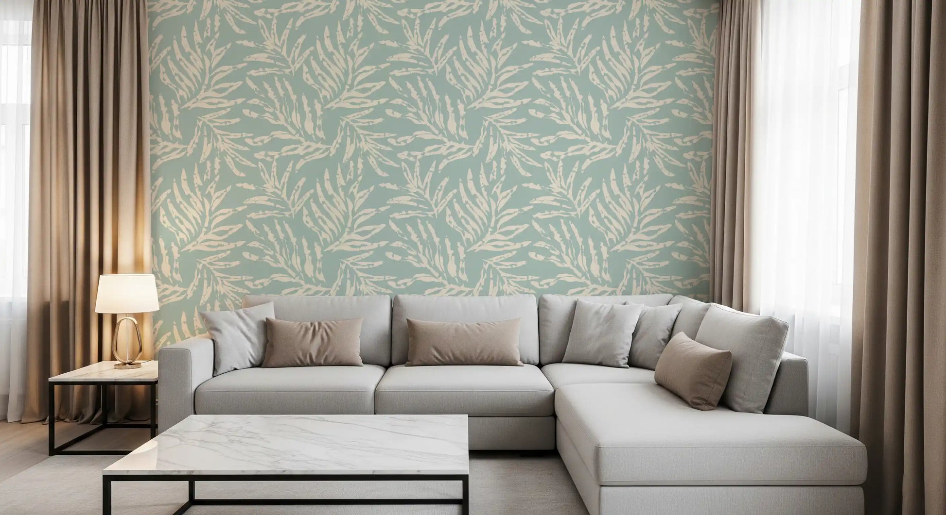 Sage and Cream Palm Frond Impression Wallpaper⁠