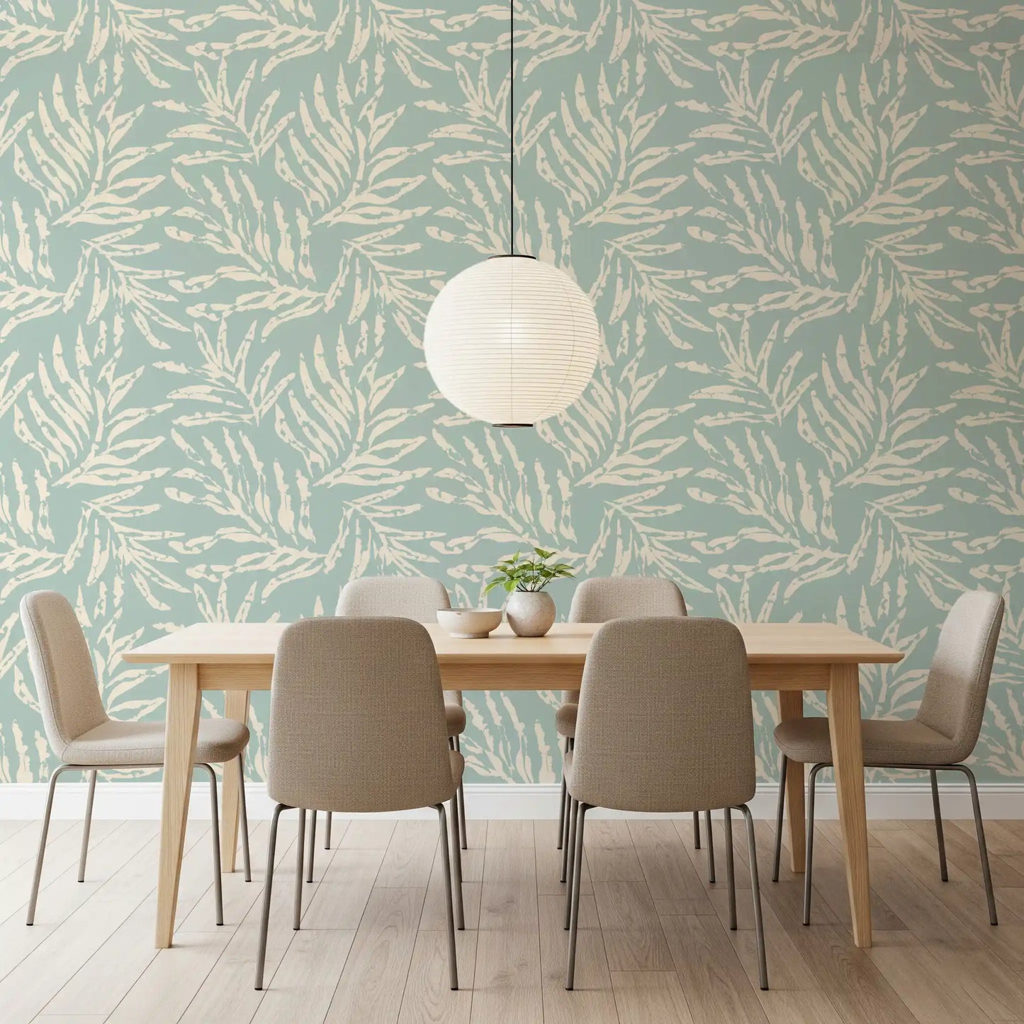 Sage and Cream Palm Frond Impression Wallpaper⁠