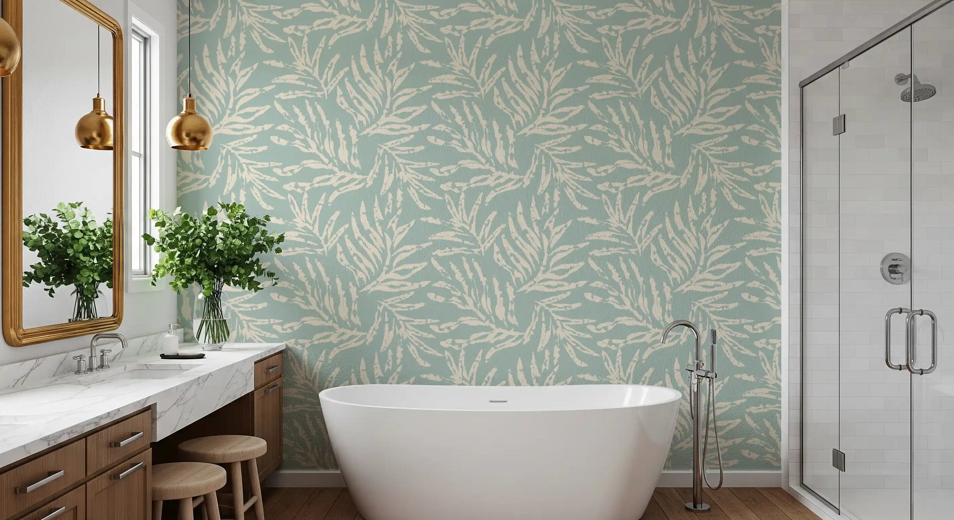 Sage and Cream Palm Frond Impression Wallpaper⁠