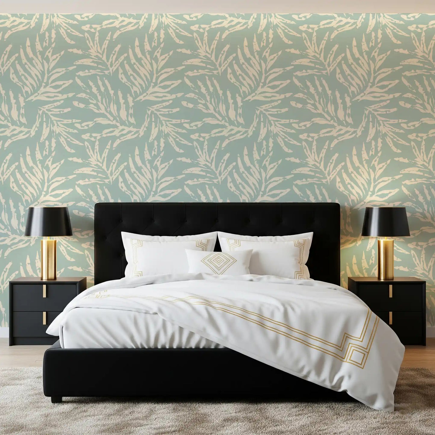 Sage and Cream Palm Frond Impression Wallpaper⁠