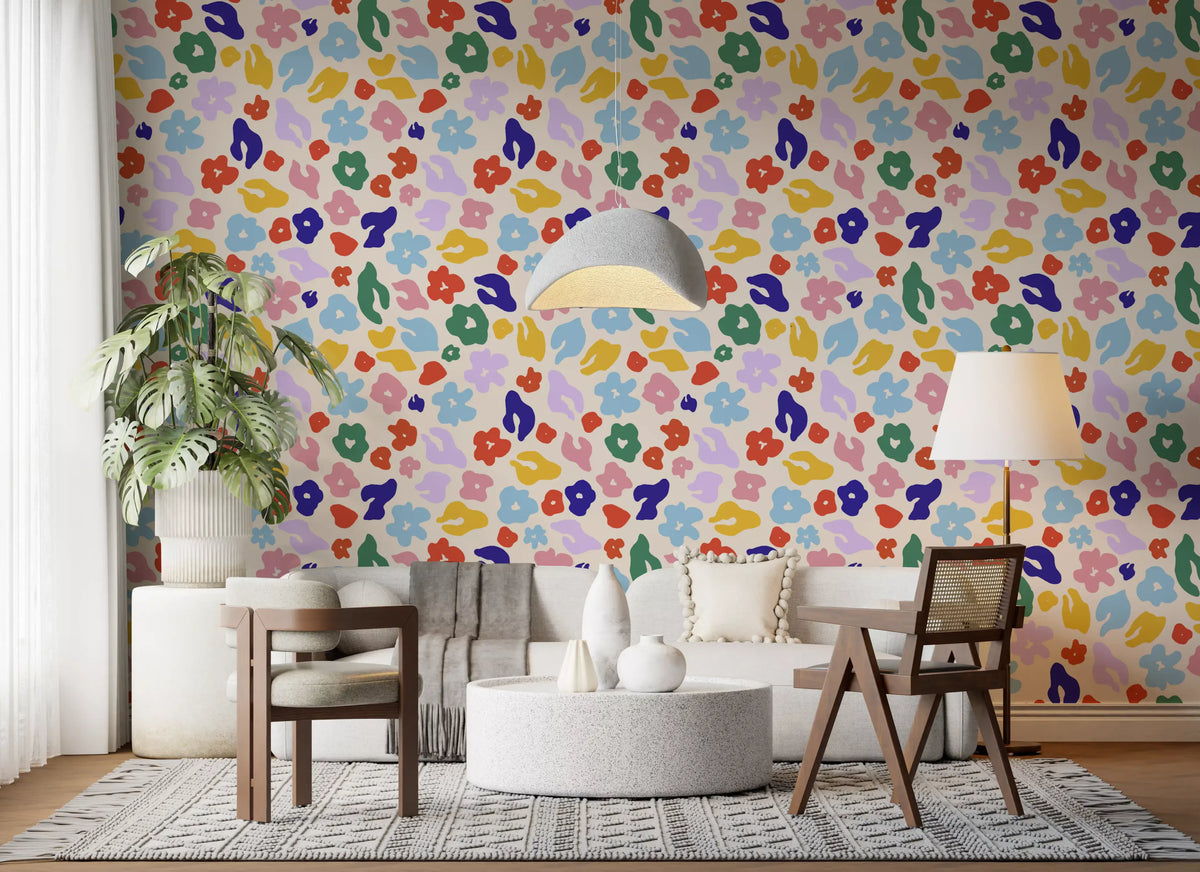 Retro floral wallpaper with bold cut-out blooms on a warm cream ground GD11667
