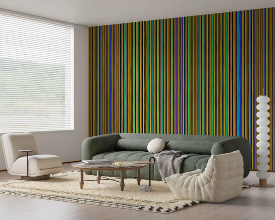 Vertical stripe wallpaper in bright yellow, green, blue and purple bands GD11671