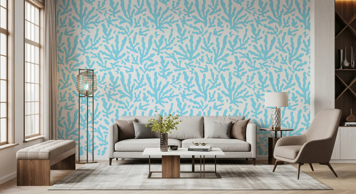 Ocean coral wallpaper with sky-blue shapes on a white ground in living room GD11677