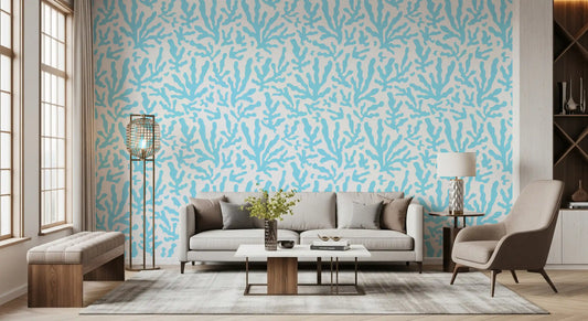 Ocean coral wallpaper with sky-blue shapes on a white ground in living room GD11677