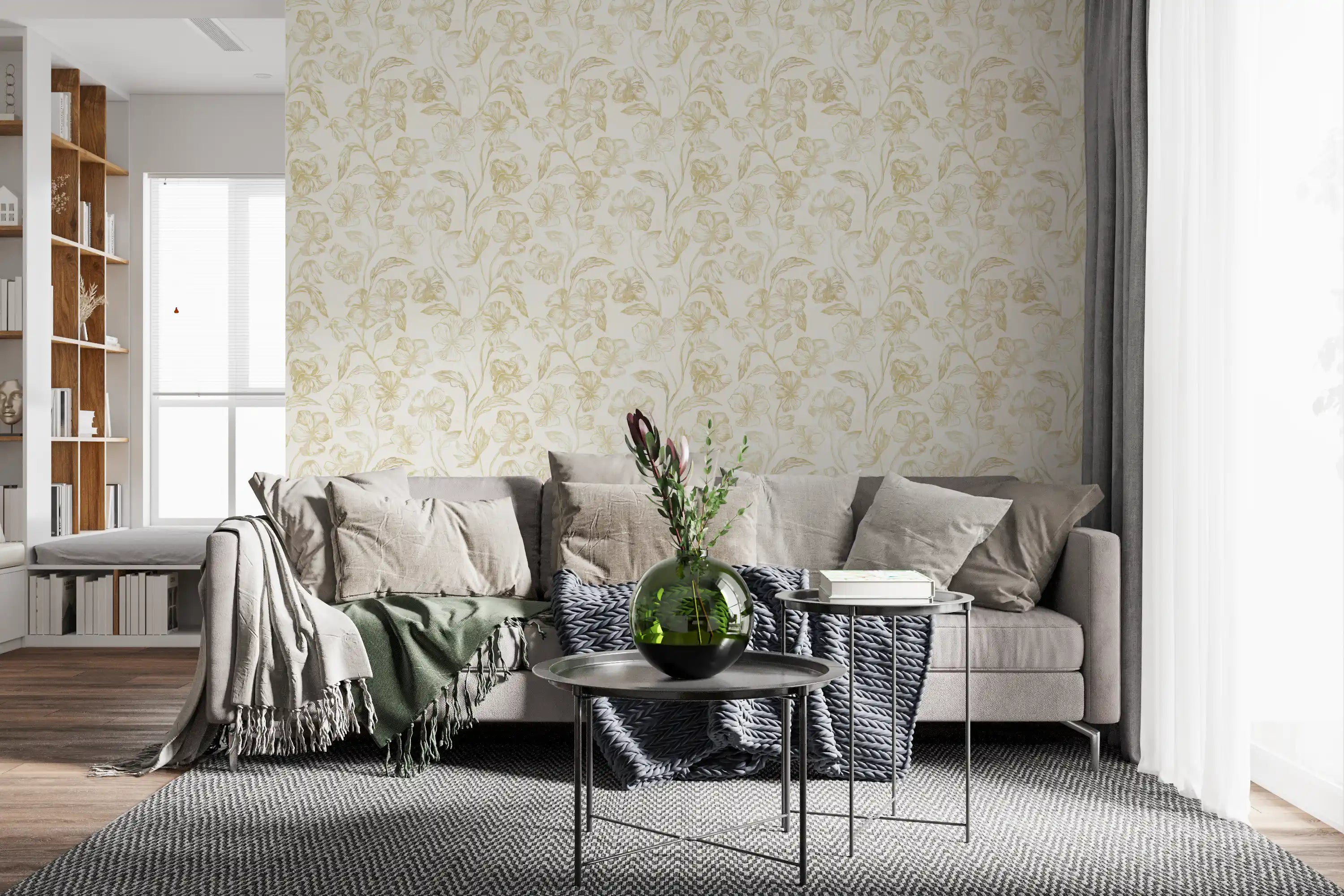 Botanical sketch wallpaper with gold outlined blooms in living room GD11680