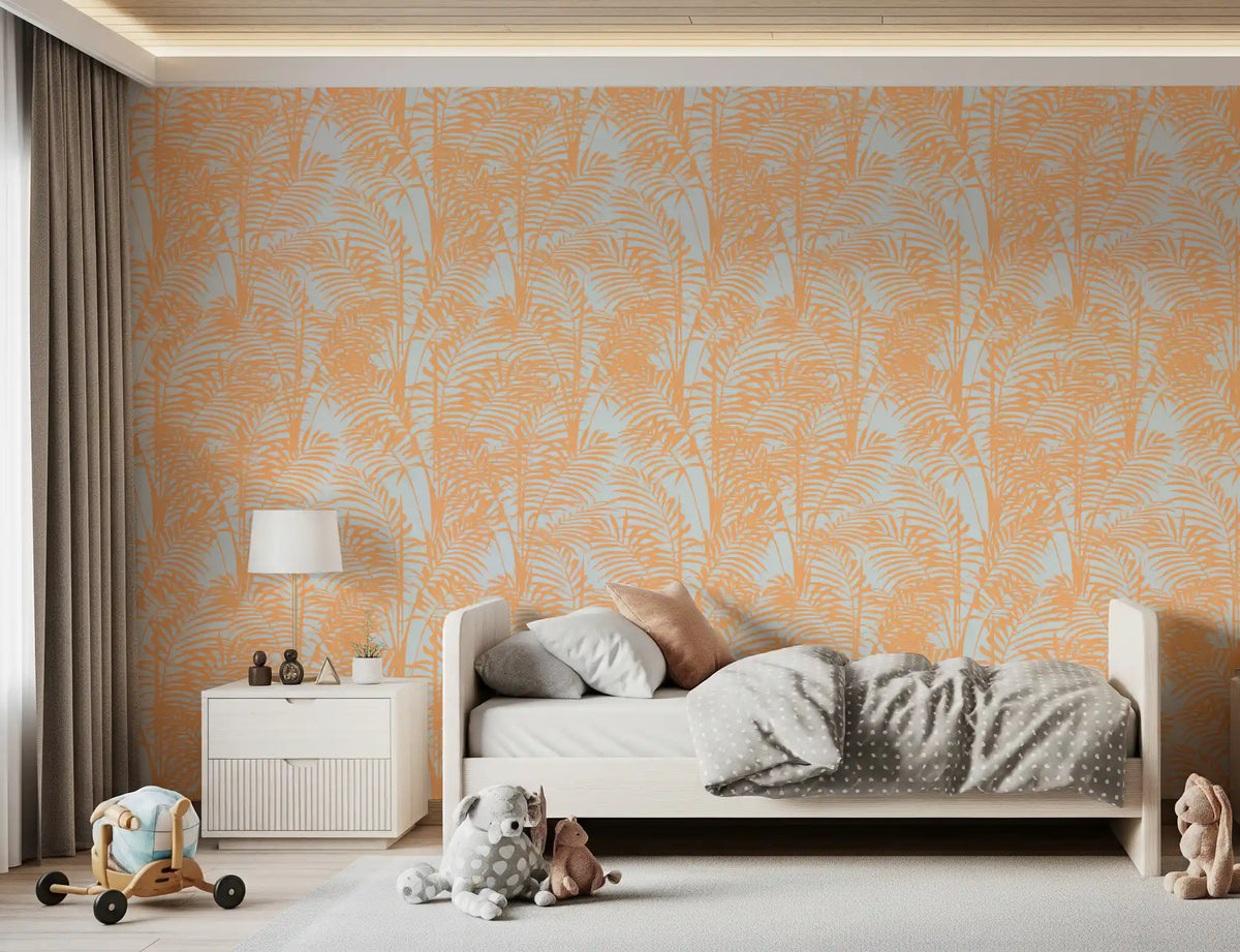 Palm leaf wallpaper with peach fronds on a pale blue ground for bedroom GD11681