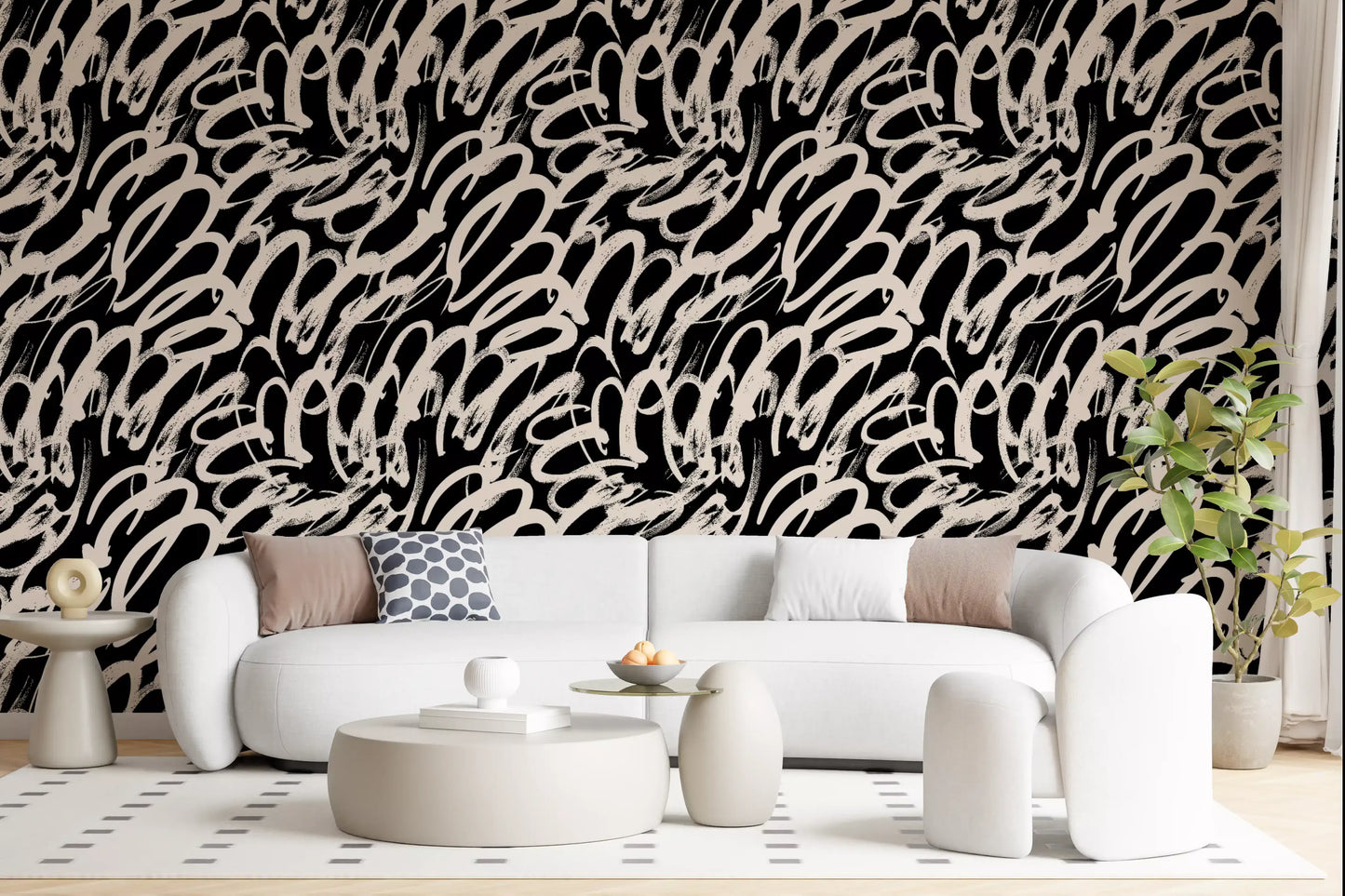Monochrome Swirl Abstract Line Art Wallpaper⁠