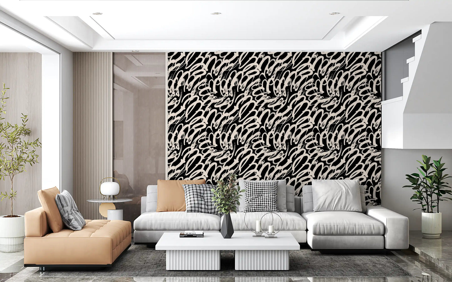 Monochrome Swirl Abstract Line Art Wallpaper⁠