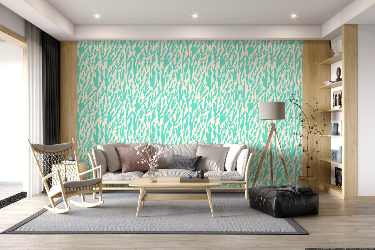 Minimalist teal botanical wallpaper with wavy fronds in living room GD11691 