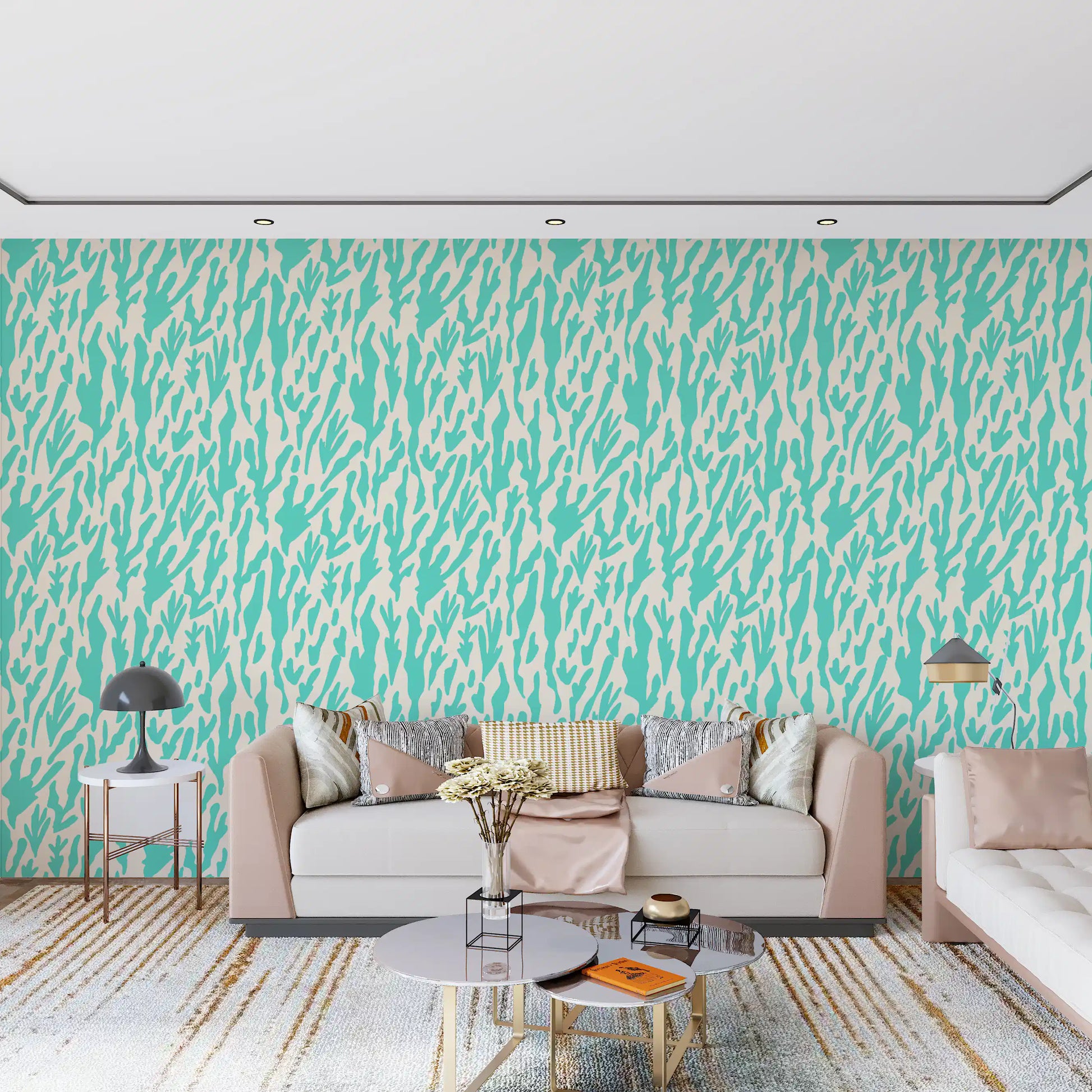 Minimalist Teal Botanical Waves Wallpaper⁠