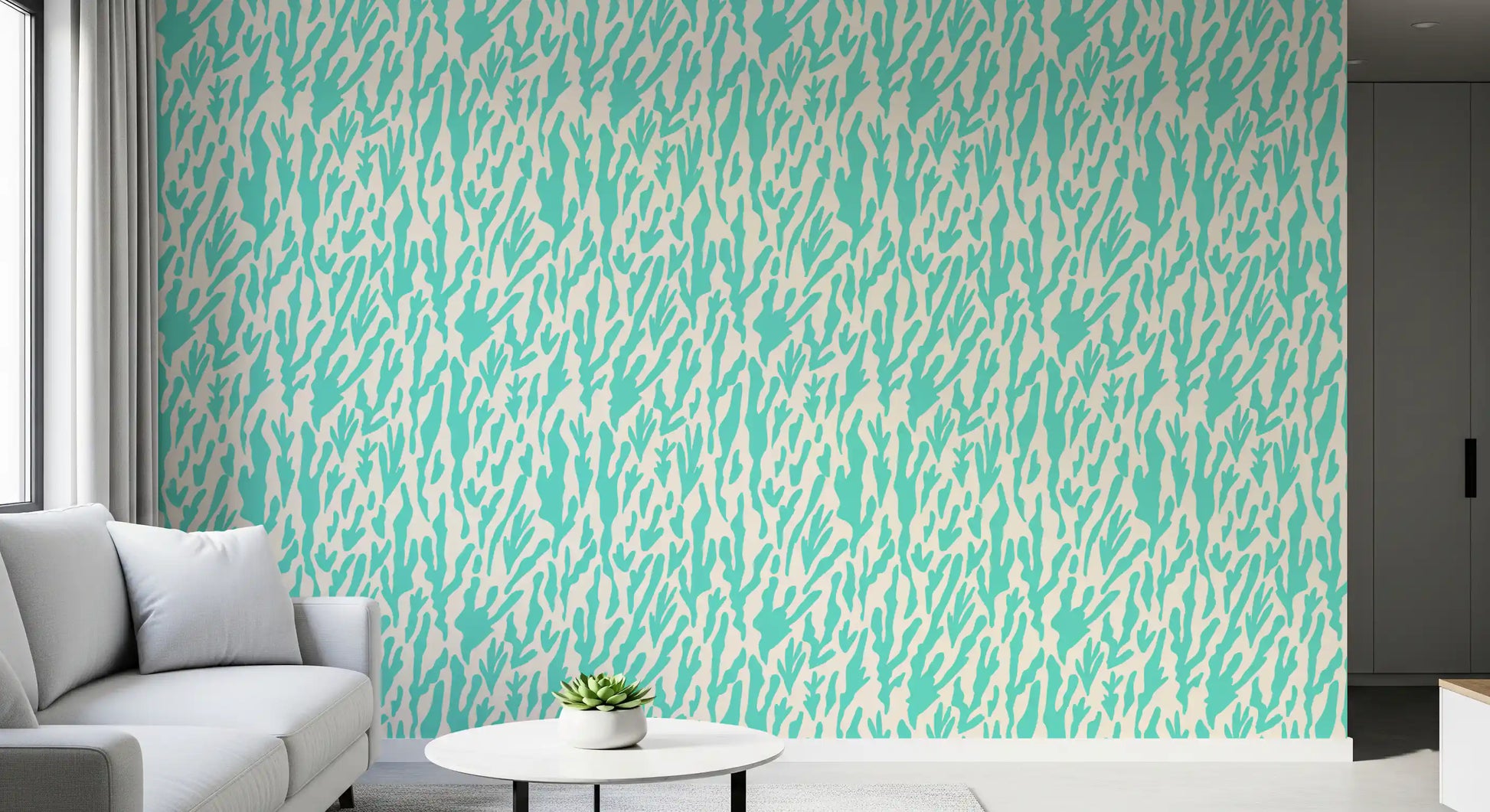 Minimalist Teal Botanical Waves Wallpaper⁠