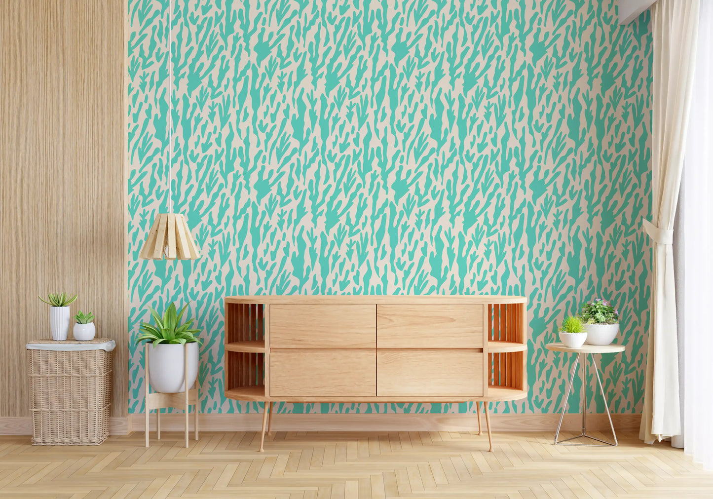 Minimalist Teal Botanical Waves Wallpaper⁠