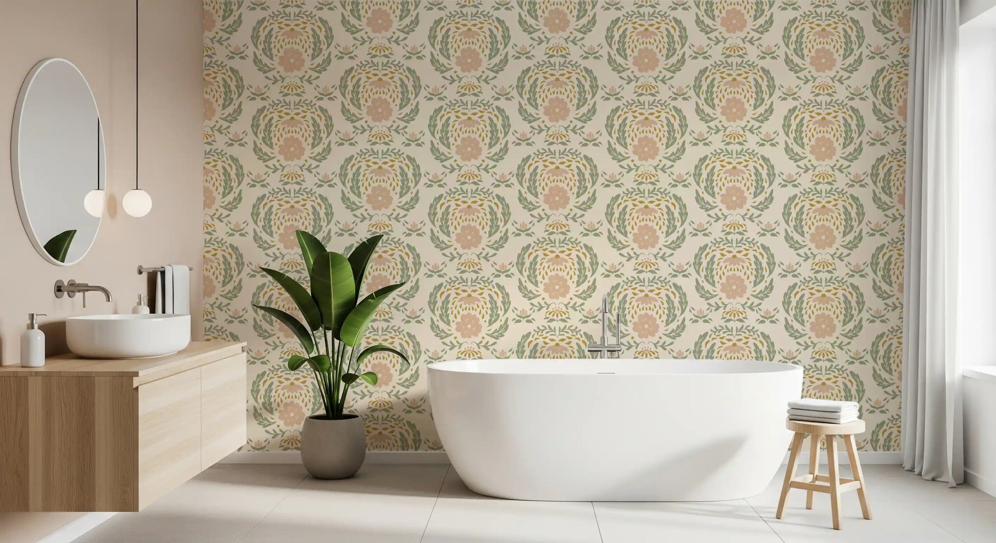 Sage and Blush Damask Botanical Wallpaper⁠